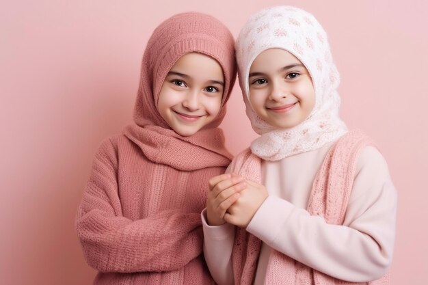 Młoda muzułmańska dziewczyna i jej siostra w różowych ubraniach na różowym tle
