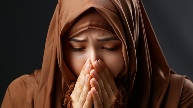 Młoda muzułmańska dziewczyna modląca się z smutną twarzą i emocjonalnym wyrazem twarzy