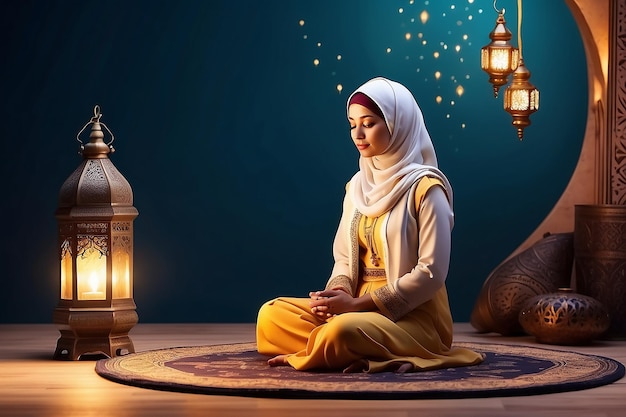 Młoda muzułmańska kobieta modląca się z Tasbihem na okrągłym matce z zapaloną arabską lampą i przestrzenią do kopiowania
