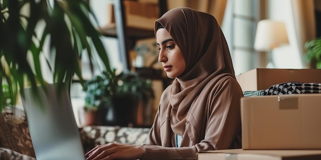 Młoda muzułmańska kobieta w hidżabie, kobieta biznesowa otoczona pudełkami pracującą na laptopie