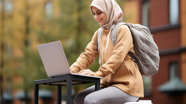 Młoda muzułmańska kobieta z laptopem i plecakiem siedząca na zewnątrz