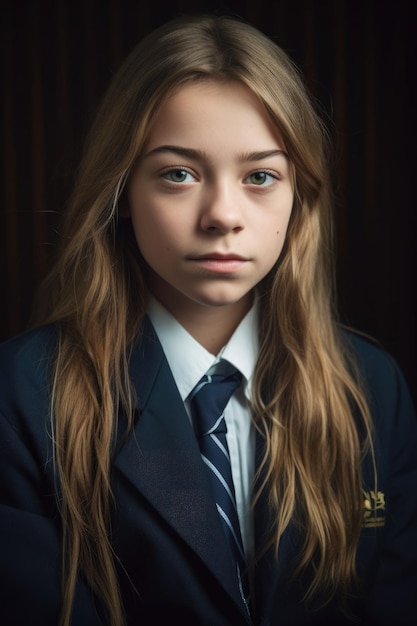 Młoda nastolatka w mundurku szkolnym patrząca w kamerę stworzona za pomocą generatywnej sztucznej inteligencji
