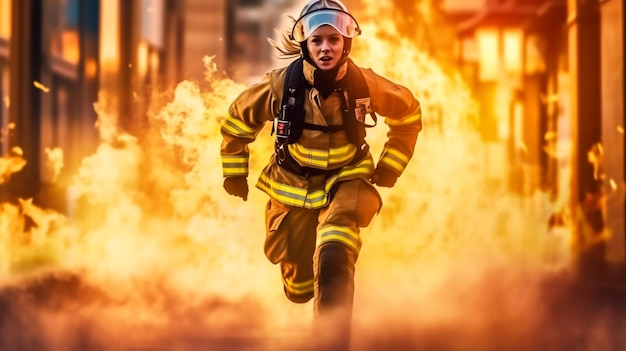 Zdjęcie młoda odważna kobieta w mundurze i kasku strażaka z wężem strażackim na ramionach, patrząca na kamerę