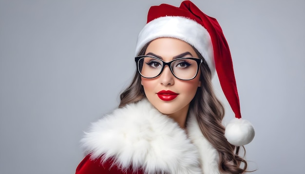 Młoda pani Święty Mikołaj z modnymi okularami.