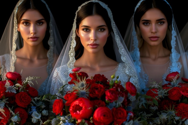 Młoda panna młoda w sukience ślubnej z bukietami czerwonych kwiatów