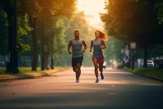 Młoda para jogging w mieście o wschodzie słońca