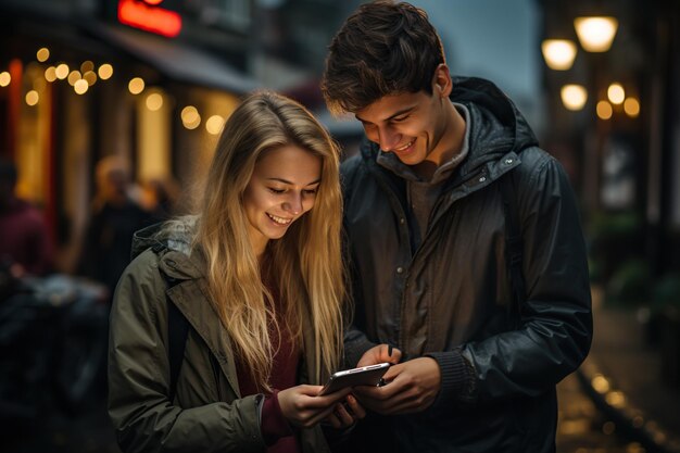 Młoda para przegląda mapę na telefonie na ulicy