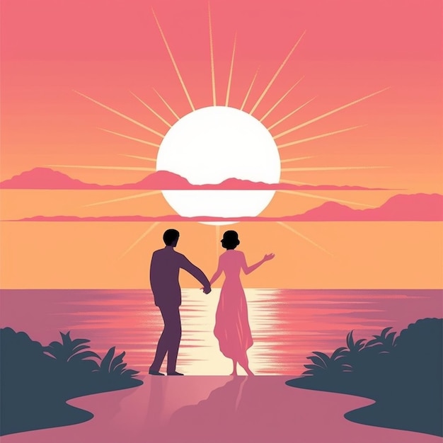 Zdjęcie młoda para przytulająca się oglądająca zachód słońca na plaży