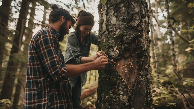 Młoda para wyrzeźbia swoje imiona na drzewie w lesie. Oboje się uśmiechają i wyglądają szczęśliwie.