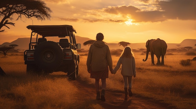 Młoda para z dzieckiem spacerująca po sawannie obok pojazdu przy zachodzie słońca dziki słoń w pobliżu rodziny