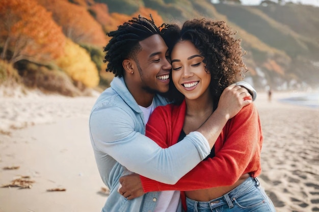 Młoda para zakochana w sobie przytulająca się na plaży Wesoły afroamerykański mężczyzna i kobieta uściskający się i śmiejący się szczęśliwie Miesiąc Miodowy romantyczny wyjazd