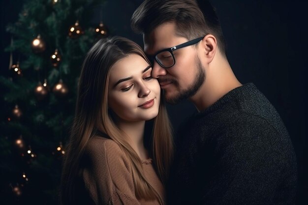 Młoda para żonatych zakochanych uściska i całuje się romantycznie generowana przez sztuczną inteligencję Rodzina Boże Narodzenie Nowy Rok