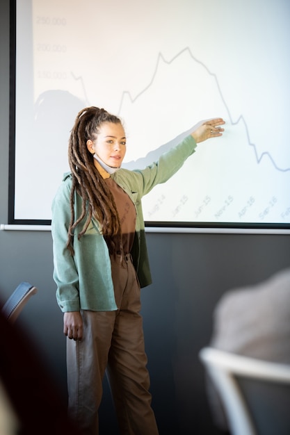 Zdjęcie młoda pewna siebie trenerka biznesu w casualwear wyjaśniająca wykres na tablicy podczas prezentacji na konferencji dla ekonomistów