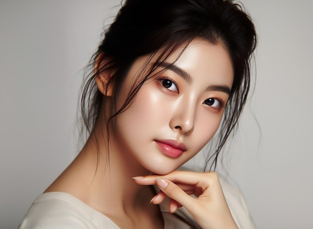 Młoda piękna azjatycka modelka pozuje pielęgnacja skóry modny styl sesja zdjęciowa koreański makijaż zbliżenie