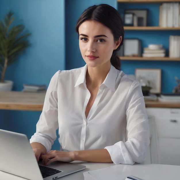 Młoda piękna bizneswoman z ciemnymi krótkimi włosami w białej koszuli szczęśliwie pracuje na laptopie nad blu