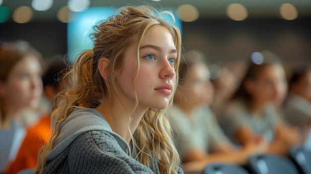 Zdjęcie młoda, piękna, blond studentka na wykładzie.