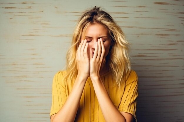 Zdjęcie młoda piękna blondynka w letnim stroju zmęczona pociera nos i oczy uczucie zmęczenia i