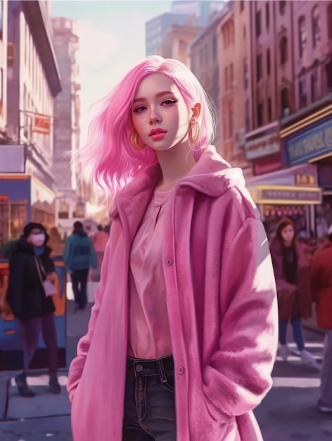 Młoda piękna dziewczyna Barbie z różowymi włosami i różowymi ubraniami na ulicy miasta