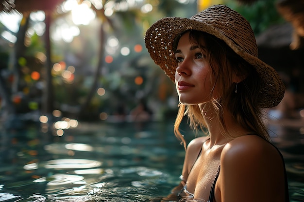 Młoda piękna dziewczyna odpoczywa i relaksuje się przy basenie w tropikach.