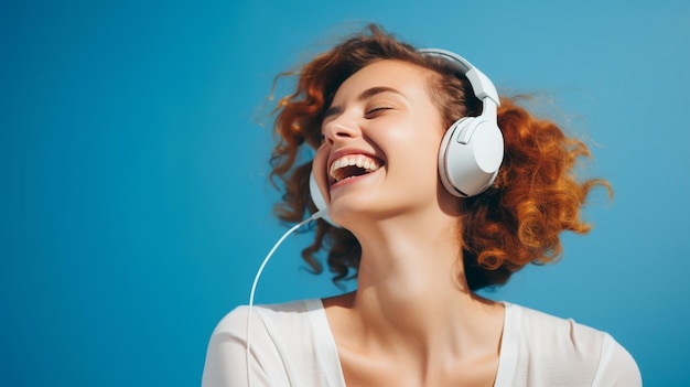 Młoda piękna dziewczyna słuchająca muzyki uśmiecha się i śmieje ze szczęścia Niebieskie tło