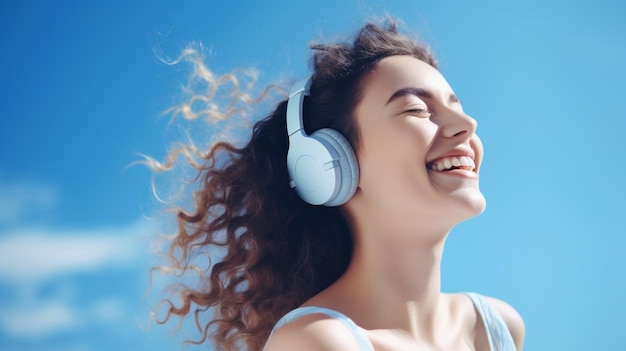 Młoda piękna dziewczyna słuchająca muzyki uśmiecha się i śmieje ze szczęścia Niebieskie tło