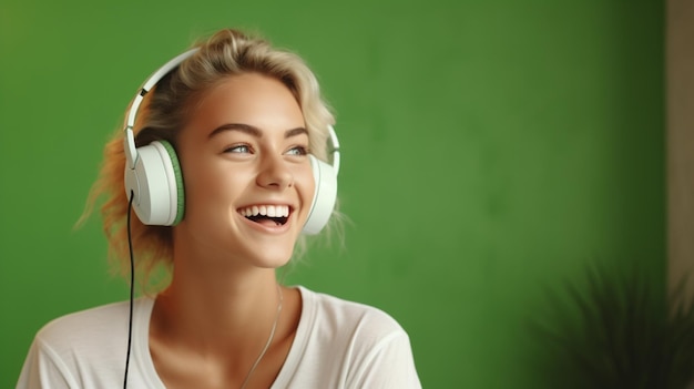 Młoda piękna dziewczyna słuchająca muzyki uśmiechająca się, śmiejąca się ze szczęścia na zielonym tle