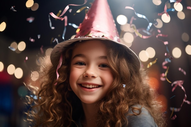 Młoda piękna dziewczyna uśmiechająca się w kapeluszu i trzymająca konfetti z generatywną sztuczną inteligencją