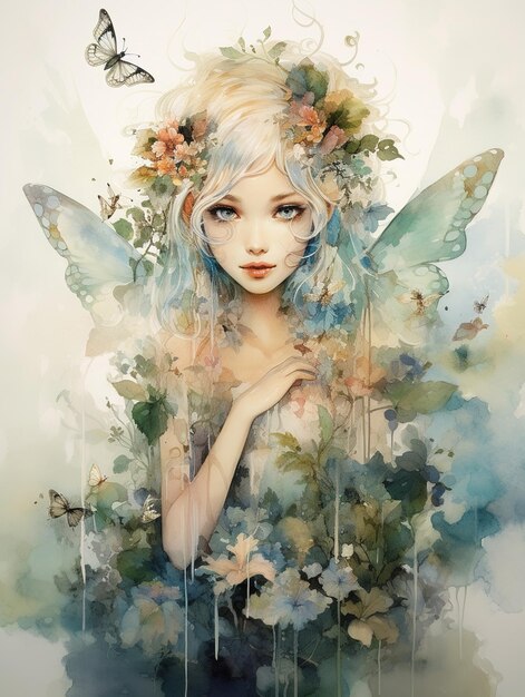 Zdjęcie młoda piękna dziewczyna w kwiatach i motylach fryzura na blond włosach urocza bajkowa wróżka