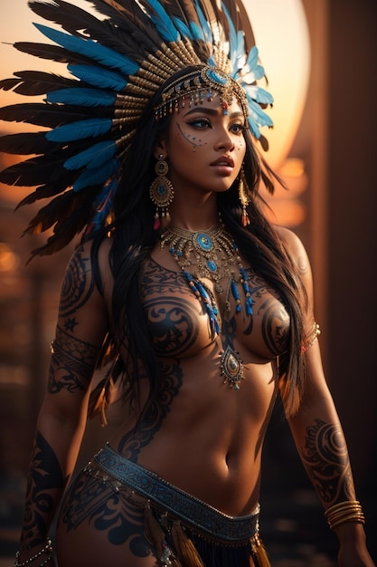 Młoda piękna indiańska indiańska kobieta z tatuażami i piórami