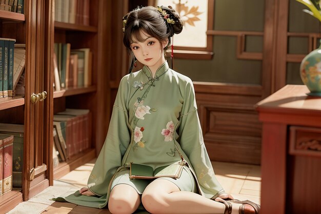 Młoda piękna kobieta czyta książkę w gabinecie, ubrana w ilustrację chińskiej tapety hanfu