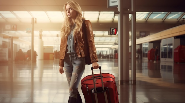 Młoda piękna kobieta na lotnisku z walizką obraz o podróży po całym świecie na jej wakacje kopiować przestrzeń dla tekstu