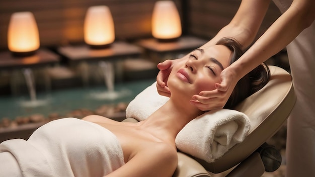 Młoda piękna kobieta robiąca masaż twarzy relaksując się w spa