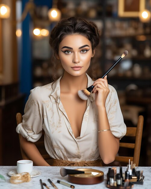 Młoda piękna kobieta siedząca przy stole z narzędziami do makijażu trzymającymi makijaż