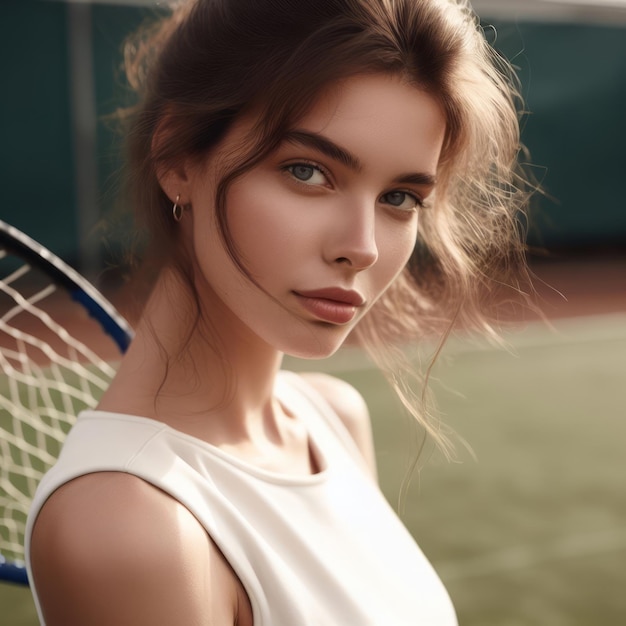 Młoda piękna kobieta w białej sukience trzymająca rakietę tenisową na korcie tenisowym