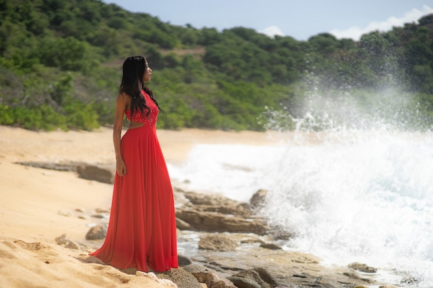 Młoda piękna kobieta w czerwonej sukience, patrząc na morze góry. Dziewczyna o charakterze na niebieskim niebie. Fotografia mody
