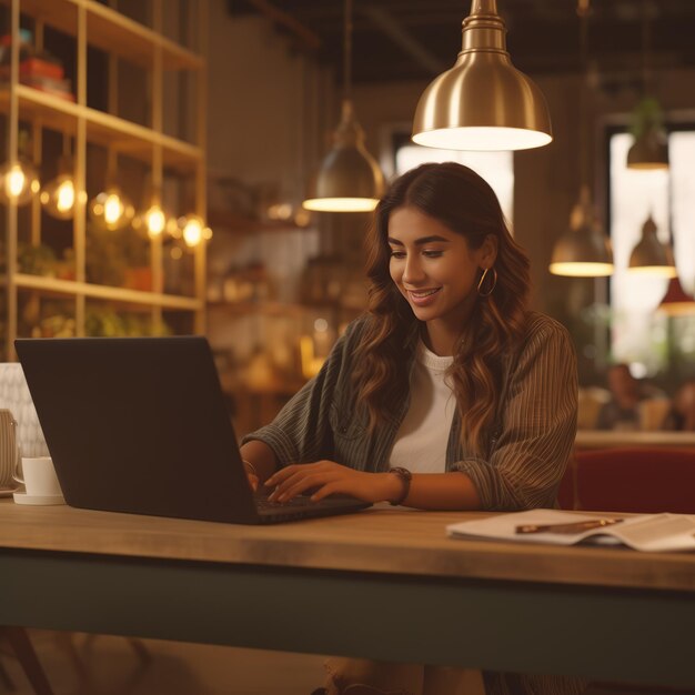 Zdjęcie młoda piękna kobieta, właścicielka kawiarni, pracuje na laptopie.