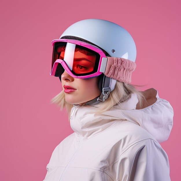 Młoda piękna kobieta z hełmem i okularami narciarskimi Sprzęt narciarski Generatywna sztuczna inteligencja