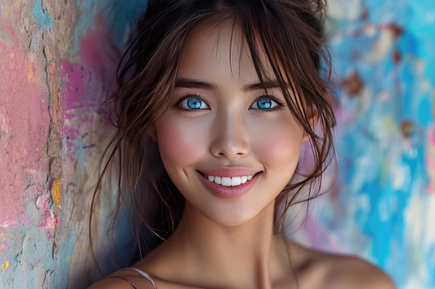 Młoda piękna kobieta z przenikliwymi niebieskimi oczami i lekko azjatycką twarzą w wielobarwnej farbie w pobliżu jasno pomalowanej ściany
