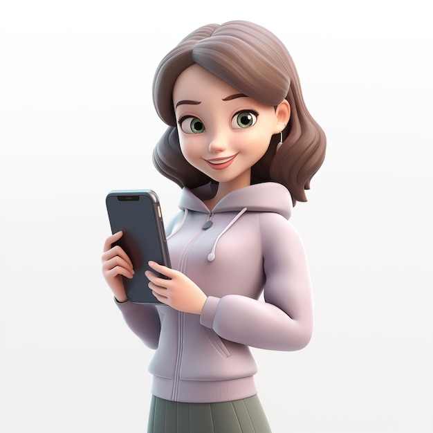 Młoda piękna kobieta ze smartfonem 3D portret postaci żeńskiej izolowany na białym tle