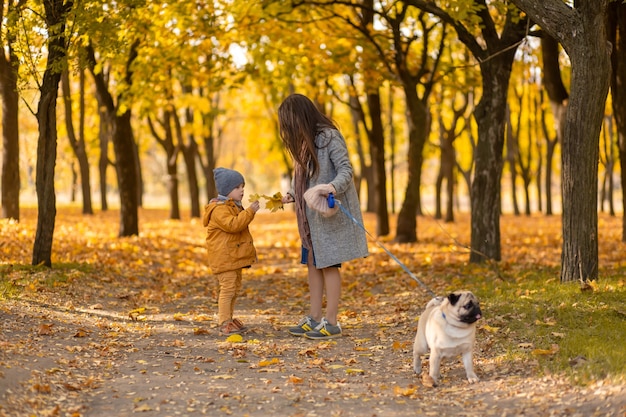 Młoda piękna mama spędza czas na spacerze z ukochanym synkiem w jesiennym parku. Szczęśliwa rodzina cieszy się jesiennymi dniami