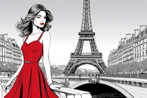 Młoda piękna modelka w czerwonej sukience w Paryżu Ilustracja wektorowa