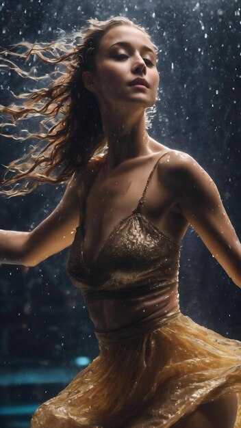 Młoda, piękna, nowoczesna tancerka tańczy pod kroplami wody.