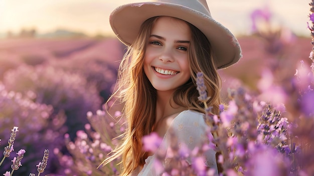 Młoda, piękna, uśmiechnięta kobieta stojąca na polu lawendowym w słoneczny dzień ma na sobie kapelusz i białą sukienkę