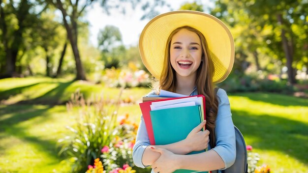 Zdjęcie młoda, piękna, wesoła studentka uśmiecha się, trzymając foldery na zewnątrz, tło parku