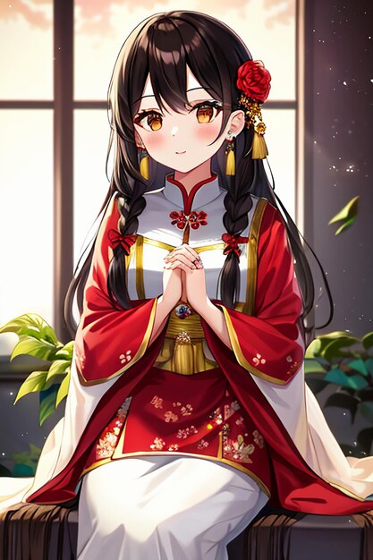 Młoda piękna z kreskówki w pięknym klasycznym kostiumie spódnicy cheongsam z dekoracją kwiatową