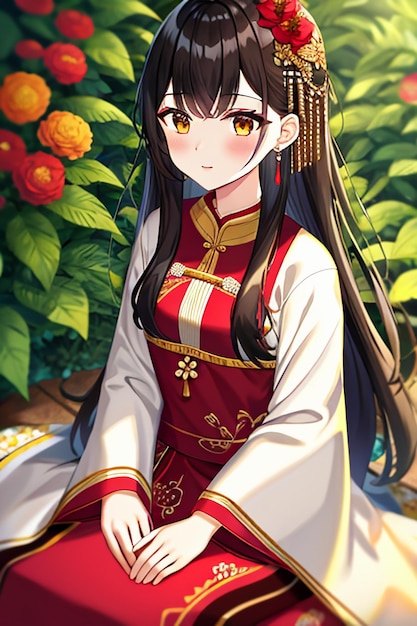 Młoda piękność z kreskówek ubrana w piękny klasyczny kostium spódnicy w stylu cheongsam z dekoracją kwiatową