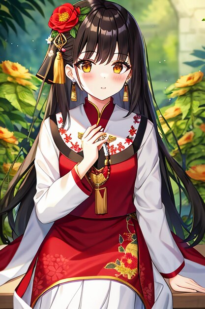 Młoda piękność z kreskówek ubrana w piękny klasyczny kostium spódnicy w stylu cheongsam z dekoracją kwiatową