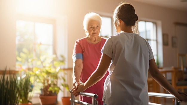 Młoda pielęgniarka pomaga starszej kobiecie w chodzeniu