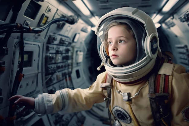 Młoda poszukiwaczka przygód zakłada kostium astronauty i wkracza do stacji kosmicznej wygenerowanej przez Ai.