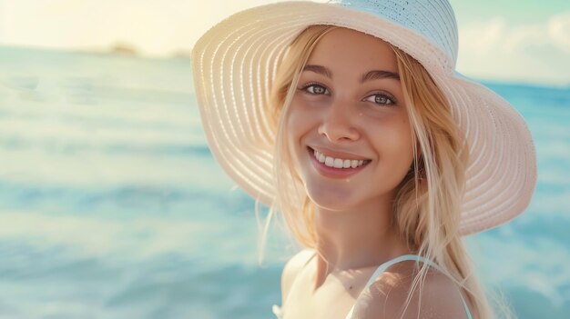 Zdjęcie młoda, radosna blondynka w kostiumie kąpielowym i białej koszuli w kapeluszu szczęśliwie patrząca w generative ai